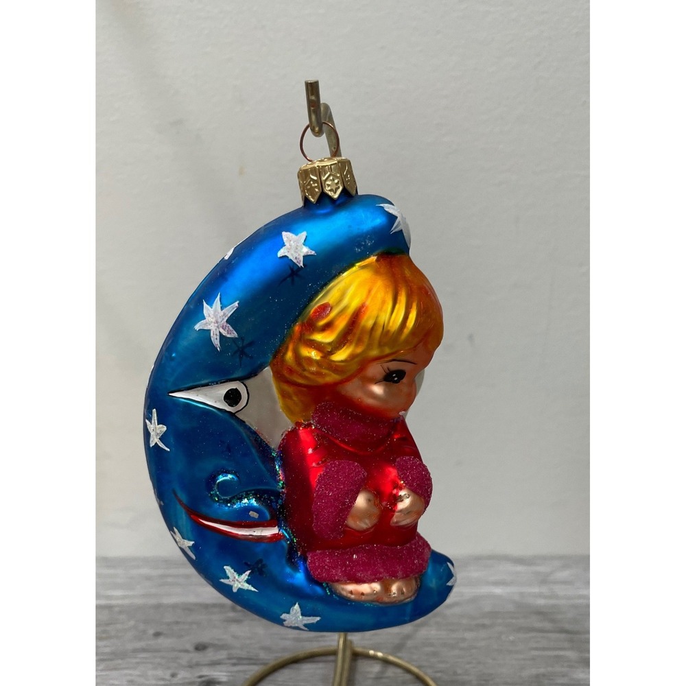 Radko Angel Sitting on Crescent Moon Glass 5" Christmas Ornament Blue Red Silver